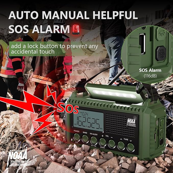 NOAA Emergency Radio with Auto Weather Alerts - 12000mAh Solar Hand Crank Weather Radio, 6 Power Sources, Bright LCD Digital Tuning, AM/FM/SW Receiver, SOS Alarm & Power Bank for Home Camping Survival