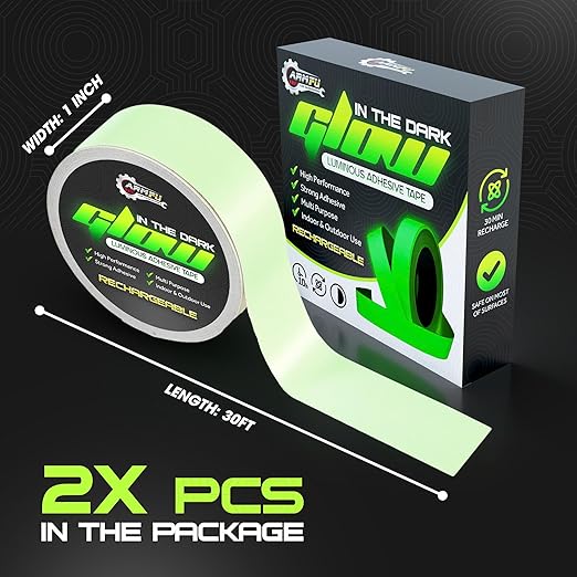 1 Inch x 60 FT Glow in The Dark Tape – Pack of 2 Rolls – Bright Rechargeable Fluorescent Glow – Luminous for Outdoors & Indoors –Glow – for Home Decoration & Markings