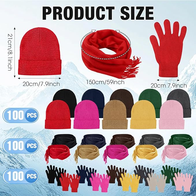 Unittype 300 Pcs Winter Homeless Care Supplies Bulk - Beanies Caps Gloves Scarves Set for Community Charity Church Donation