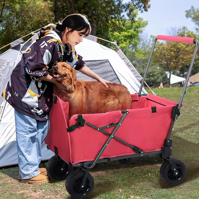 REDCAMP Folding Dog Wagon Cart with Removable Canopy Heavy Duty, 220L Large Collapsible Utility Cart Dog Stroller with Tailgate for Sports Shopping Pet, Pink