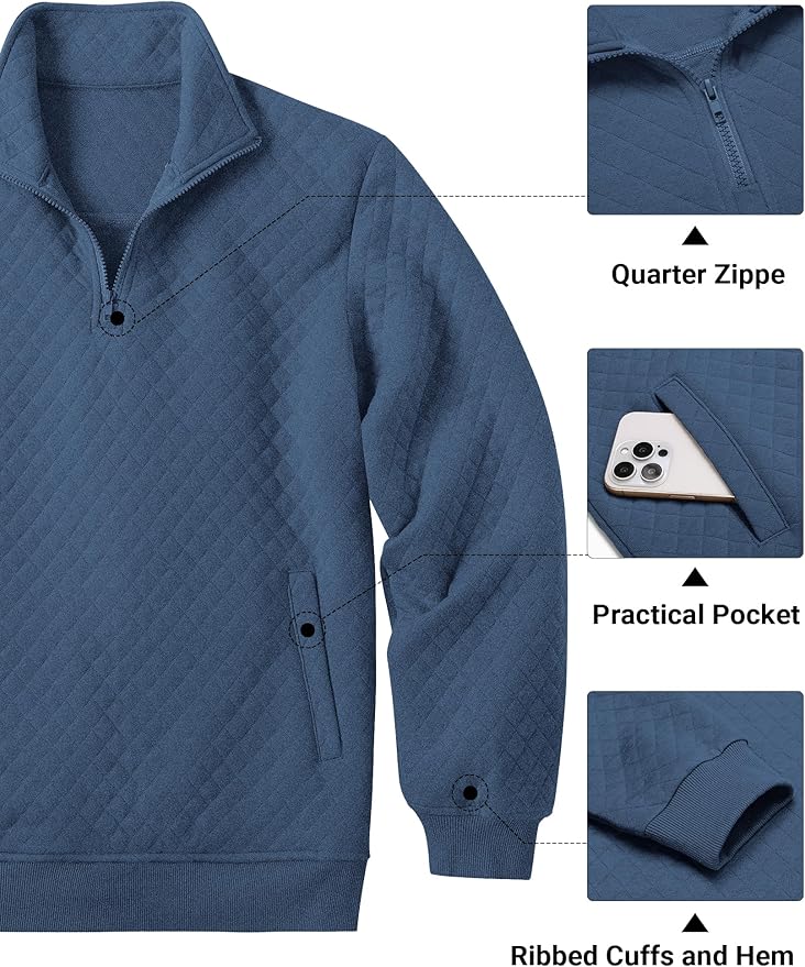 COOFANDY Mens Quarter Zip Pullover Quilted Sweatshirt Knit Long Sleeve Mock Neck Sweater Polo with Pocket