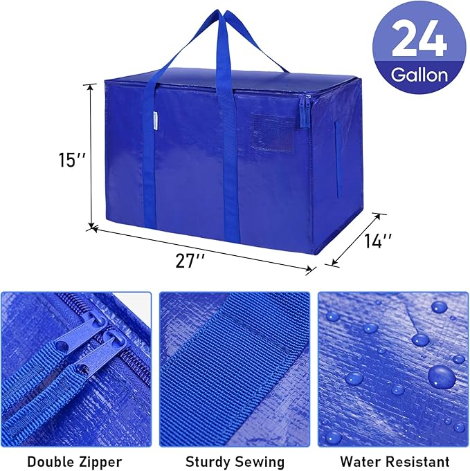 TICONN 4 Pack Extra Large Moving Bags with Zippers & Carrying Handles, Heavy-Duty Storage Tote Moving Boxes for Space Saving (4 Pack, Blue)