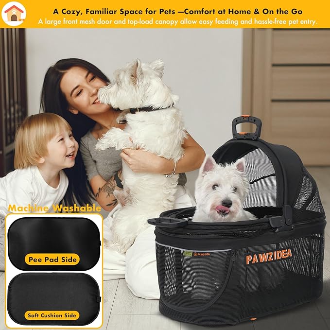 PAWZIDEA Portable Small Dog Crate for Car Travel, Enclosed Pet Car Seat for Small/Medium Dogs Cats up 33lb, Reversible No-Zip Canopy, Soft-Sided Pet Carrier Basket, Collapsible Dog Kennel, Metal Frame