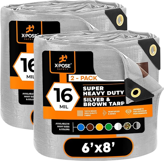 Xpose Safety Super Heavy-Duty 6' x 8' Silver/Brown Poly Tarp (2-Pack) - 16 Mil Waterproof & UV Resistant, Rip-Proof with Reinforced Edges & Grommets