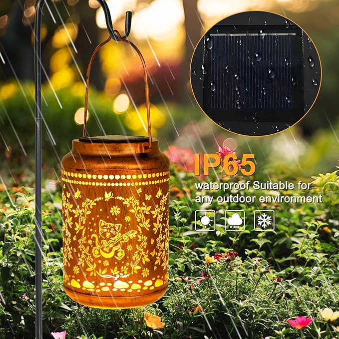 YISITEONE Cat Outdoor Solar Lanterns, Garden Waterproof Metal Hanging Decor Lights for Patio Yard Pathway Lawn Front Porch, Birthday Gardening Cat Lovers Gifts for Women Mom Grandma