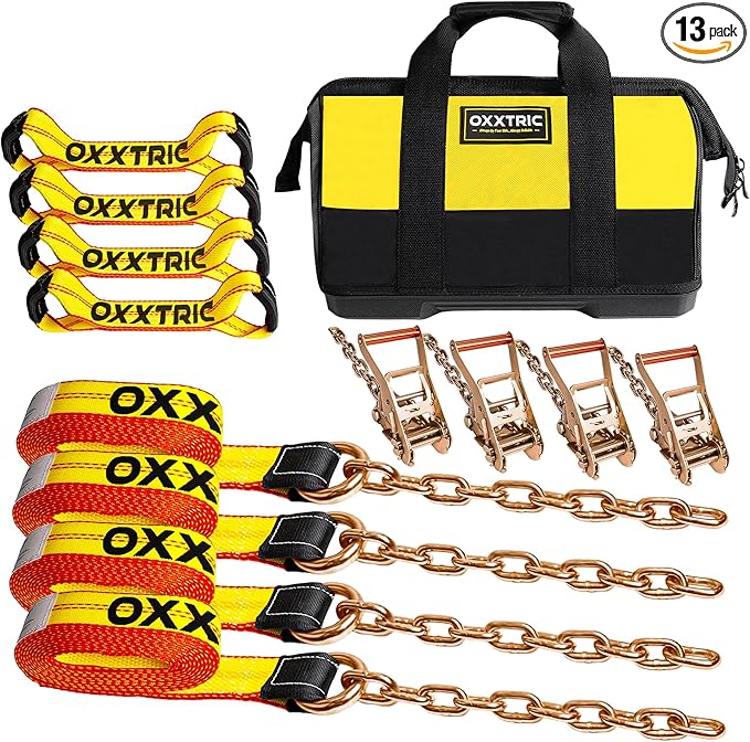 8 Point Roll Back Vehicle Tie Down Kit,Tow Truck Flatbed Straps with Chain Extension on Both Ends,WLL 3300 lbs,Heavy Duty Car Hauler Tire Over Wheel Tie Down Straps