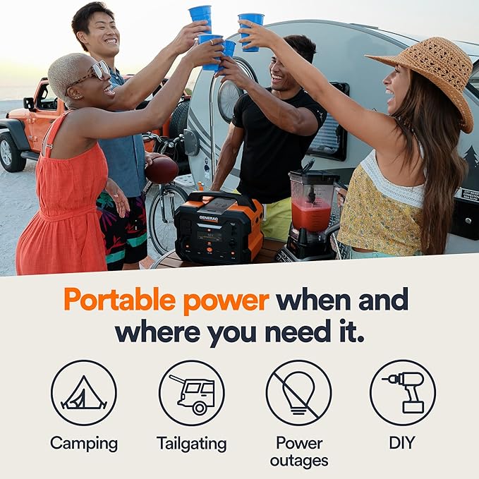 Generac 1086Wh Portable Power Station with Lithium-Ion Battery - Clean, Emission-Free Power - Wirless Charging Pad and Compact Design - Camping, RV, Indoor/Outdoor Use - Orange/Black