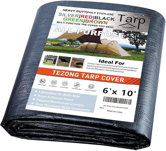 Tarps Heavy Duty Waterproof 6x10ft,TEZONG Black Poly Tarp 16MIL Multipurpose Tarpaulin Outdoor Cover for Emergency Rain,Patio Furniture,Roof,Camping,Car,Pool
