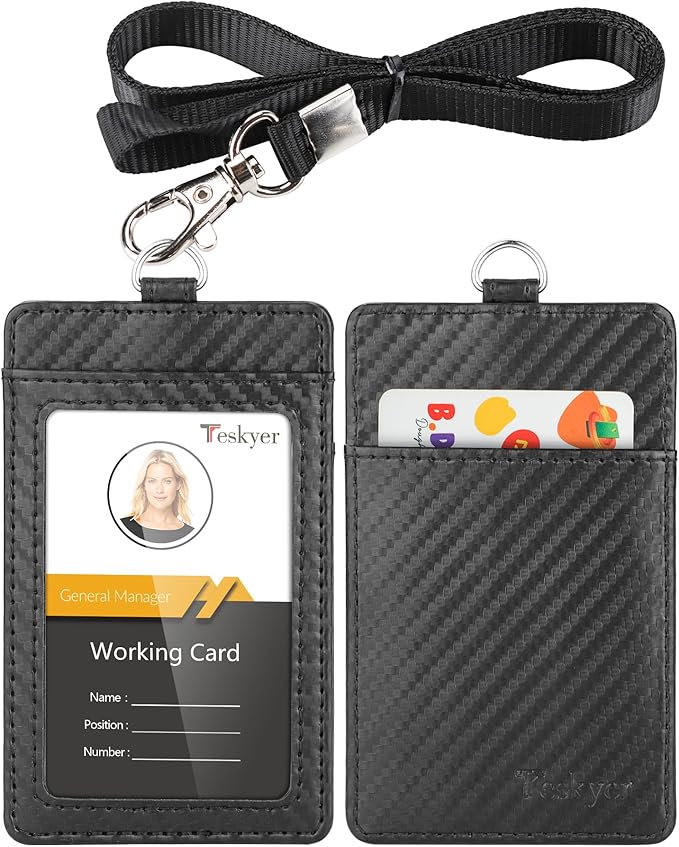 Teskyer Badge Holder with Lanyard, Leather ID Name Badge Card Holder with Lanyard for ID Badges, Vertical, Carbon Fiber Black