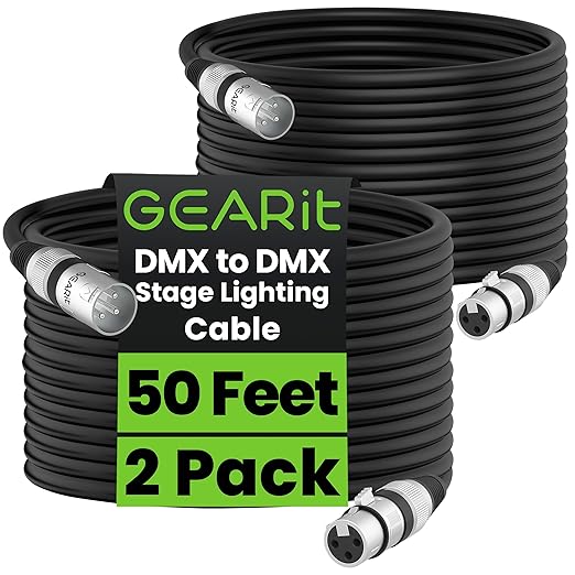 GearIT DMX Stage Lighting Cable (50 Feet, 2-Pack) - DMX Male to Female (XLR Compatible) 3-Pin Balanced Shielded for DJ LED Moving Head Par Light, Mic Mixer, Recording Studio, Podcast - 50ft
