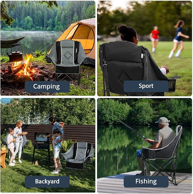 Oversized Folding Camping Chair for Adults Heavy Duty Padded Outdoor Chairs Big and Tall XL Picnic Chair with Cup Holders 400lb Capacity, Comfy for Lawn Sports and Outside Use