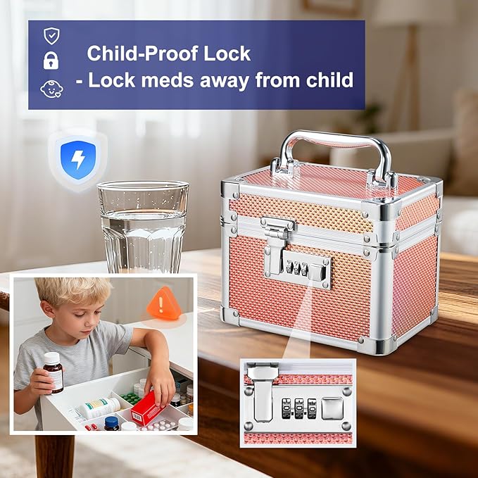 Adazzo Lockable Storage Box - Shiny Gold Medicine Med Lock Box, 7 * 5.25 * 5.75 Inches Safe Case with Combination Lock for Home, Dorm, Office, or Travel - Mini Size