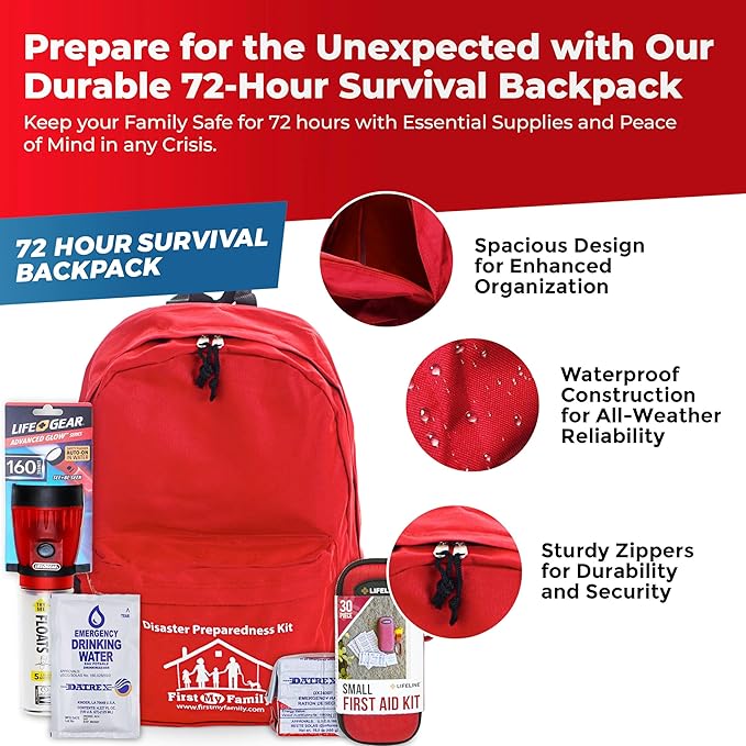 First My Family All-in-One 1 Person, 72 Hour Bug Out Bag Emergency Survival Kit for Family. Be Prepared for Hurricanes, Floods, Tsunami, Other Disasters