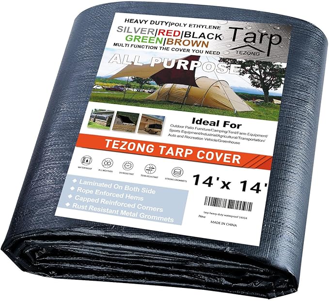 TEZONG Tarps Heavy Duty Waterproof 14x14ft,Black Plastic Tarps Large Multipurpose Outdoor Tarp Cover Thick Poly Tarpaulin 12MIL for Emergency Rain or Sun, Roof, Patio Furniture, Firewood, Canopy
