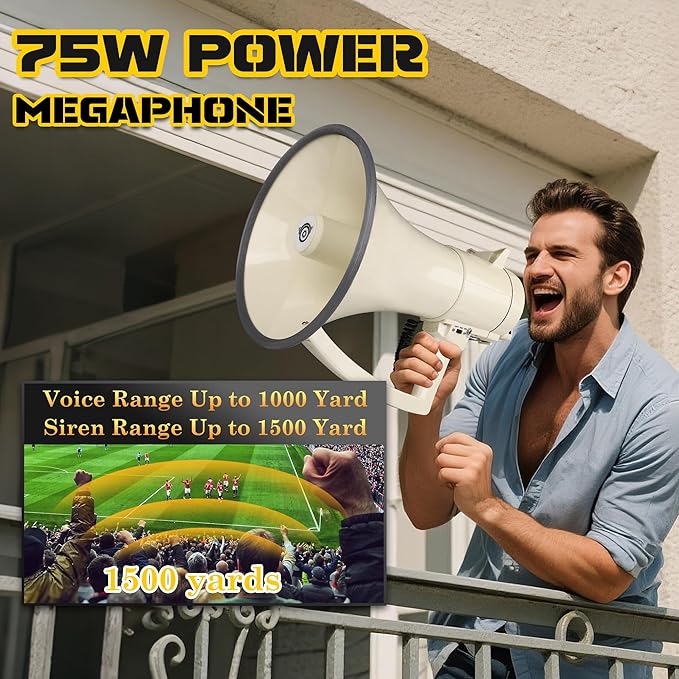 My Mealivos75W 2000 Professional Yard Sound Range Heavy PA Bullhorn Megaphone Speaker, Adjustable Volume, Loud Hand Held Megaphone, Outdoor Activities, Coaching, Football, Baseball, Hockey…