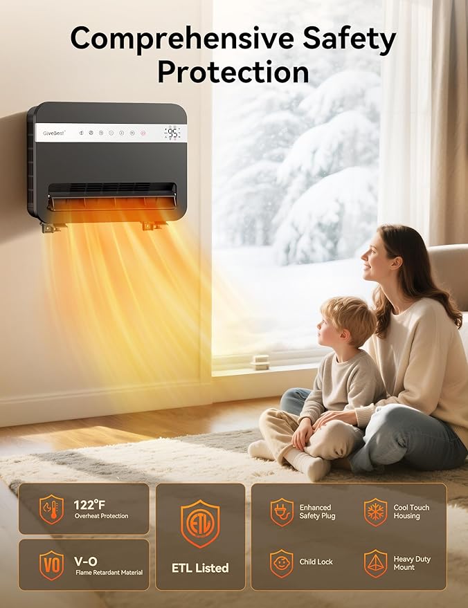 Givebest-Wall-Heater-for-Indoor-Use, 1500W Electric-Space-Heater, 120°Vertical Oscillation,Works with Alexa, Adjustable Thermostat, Remote Control, 24H Timer, Easy-mounted Heater for Indoor Use,Black