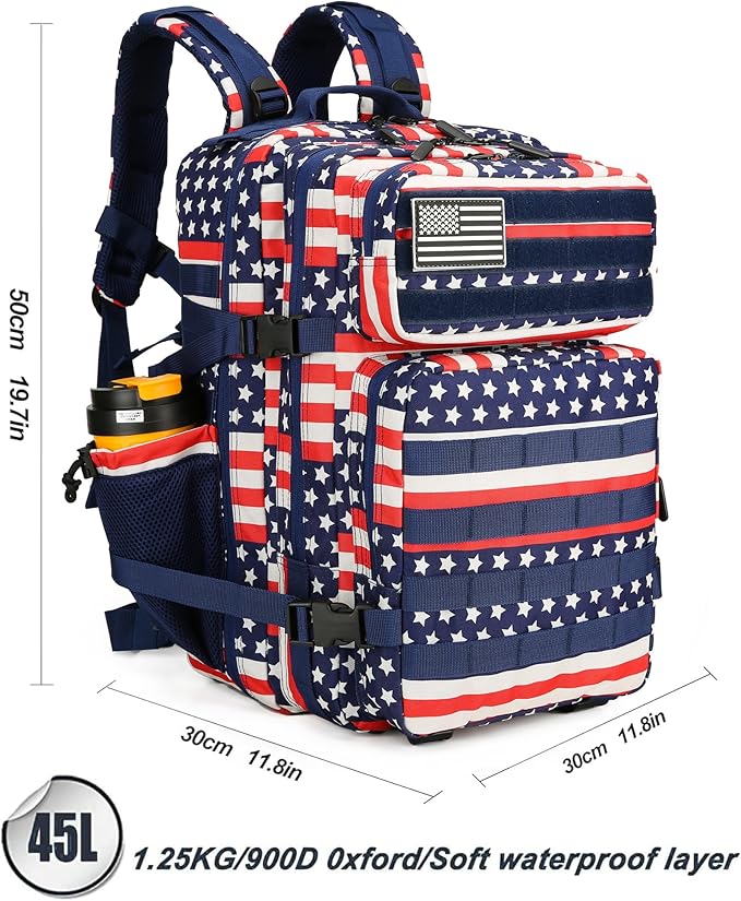 45L Tactical Assault Backpack 3 day assault pack with Molle Waterproof backpack Rucksack for Tactical Backpacks (Striped Flag)