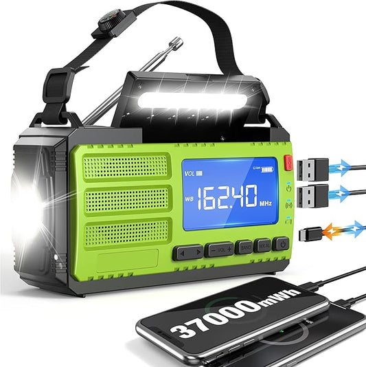 10000wAh/37000mWh Hand Crank Emergency Radio, AM FM NOAA Weather Alert Radio, Portable, Solar, 4 Charging Methods, 3-Mode Flashlight, Reading Lamp, SOS Alarm, Phone Charger for Winter Storm Emergency