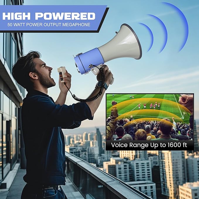 MyMealivos Bluetooth Megaphone with Siren Bullhorn 50 Watt Bullhorn Speaker with Detachable Microphone, Portable Lightweight Strap & 3.5mm Aux Input