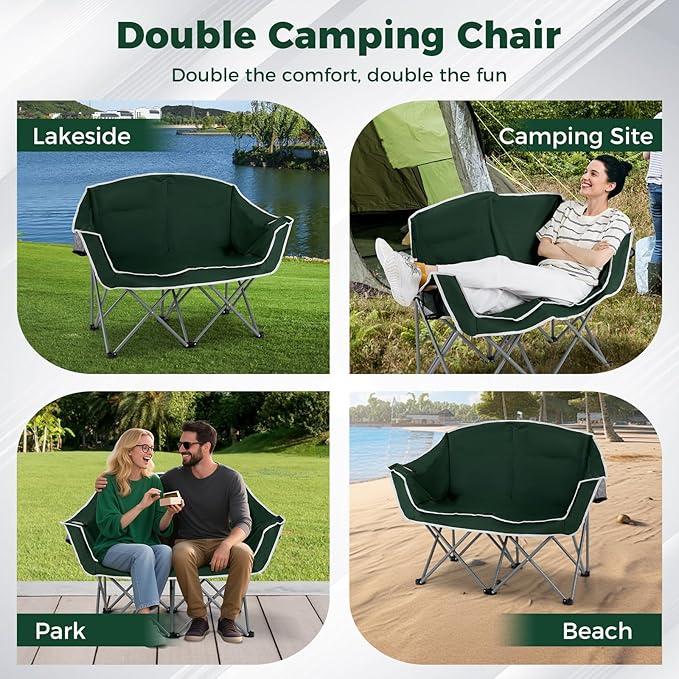 Tangkula 2 Person Camping Chair, Portable Oversized Outdoor Folding Camp Chair Loveseat with Padded Seat, Cup Holder, Carry Bag, Heavy Duty Lawn Chair for Beach, Fishing, Travel (2-Person,Green)