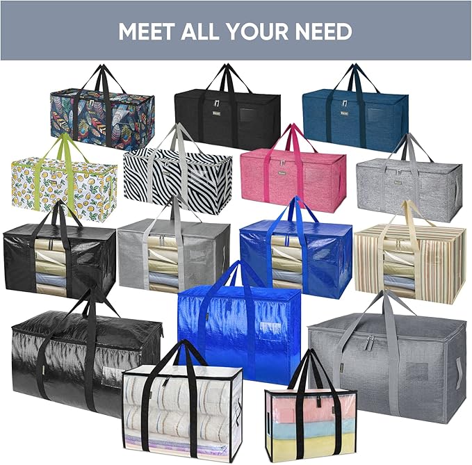 TICONN 16 Pack Extra Large Moving Bags with Zippers & Carrying Handles, Heavy-Duty Storage Tote Moving Boxes for Space Saving