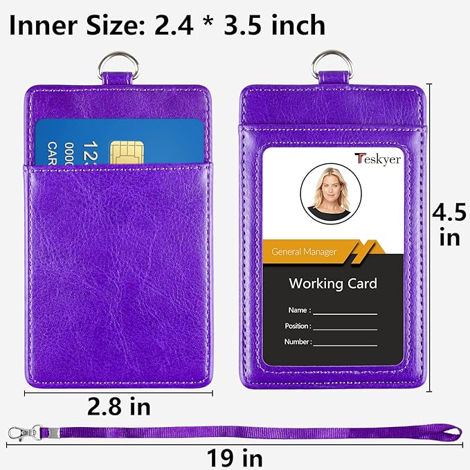 Teskyer Badge Holder with Lanyard, Leather ID Name Badge Card Holder with Lanyard for ID Badges, Vertical Purple