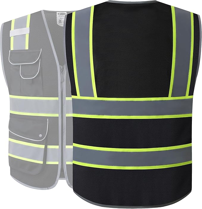 JKSafety 9 Pockets High Visibility Zipper Front MESH Black Safety Vest | Black with Dual Tone High Reflective Strips | ANSI/ISEA Standards (100-Black, L)