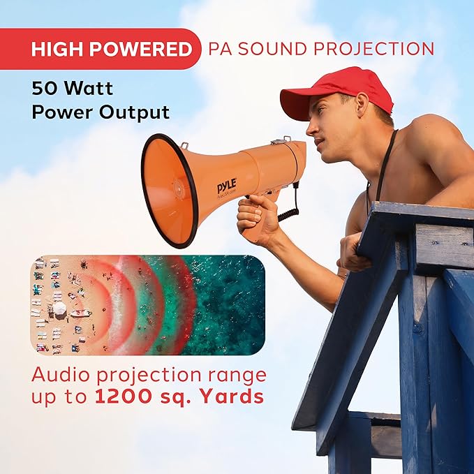Pyle 50W Megaphone Bullhorn - Portable, Automatic Siren & Adjustable Volume, Projection Range Up to 1200 Square Yards, Aux Input, Talk, Siren, Music, Whistle, & Record, Shoulder Strap (Black)
