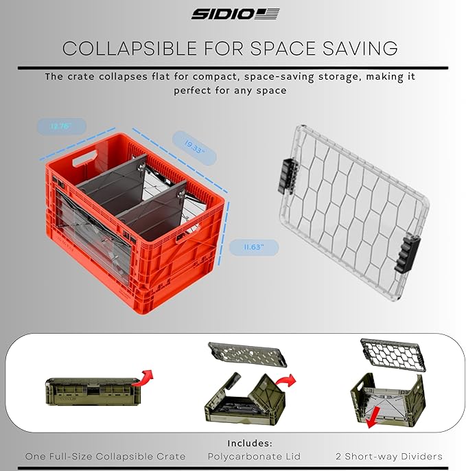 SIDIO Full-Size Collapsible Crate - Heavy Duty Stackable Storage Bin with Lid & 2 Short-Ways Dividers, Durable Plastic Organizer for Home, Office, Garage & Outdoor Use (Orange)