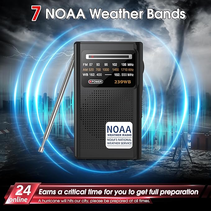 Greadio NOAA Weather Radio, Stereo Earphone Jack,AM/FM Battery Operated Transistor Portable Radio with Best Reception,Powered by 2 AA Battery for Emergency,Hurricane,Running, Walking,Home(Black)