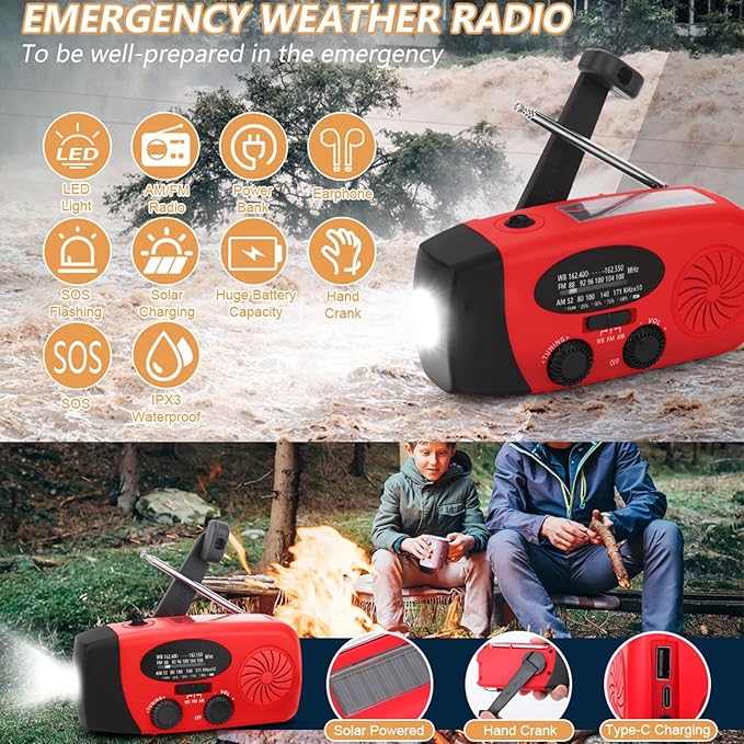 Emergency Radio, NOAA Weather Alert, LED Flashlight, 3 Power Source Emergency Radio Hand Crank, Solar and Battery Powered for Outdoor Emergency Preparedness and Camping