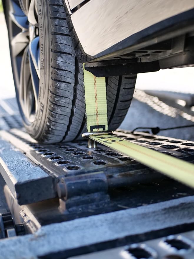 D.A.S. Car Hauler Straps - 3333lb Load Limit, Set of 4 Wheel Tie Down Straps for Car, Truck, and UTV Transport, Secure Car Tie Dow, Three Cleat Design | Yellow Color