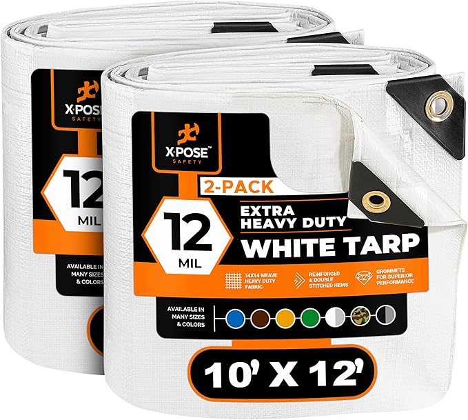 Heavy Duty White Poly Tarp 10' X 12' (2-Pack) - Multipurpose Protective Cover - Durable, Waterproof, Weather Proof, Rip and Tear Resistant - Extra Thick 12 Mil Polyethylene - by Xpose Safety