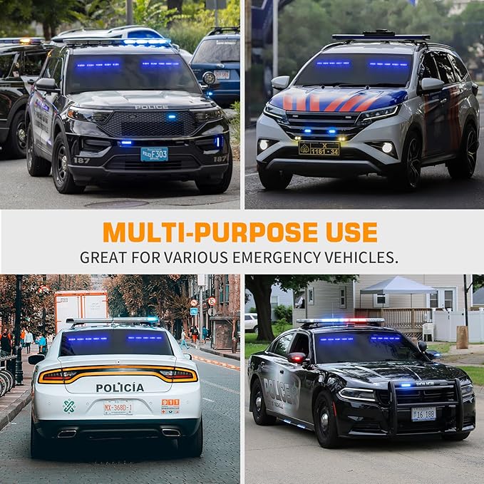 XRIDONSEN 2x 17 inch Blue Emergency Lights Bar 40 LED Dash Strobe Lights Interior Front/Rear Windshield Lights Safety Flashing Warning Hazard Light for Ambulance Firefighter Police Vehicles Trucks Car