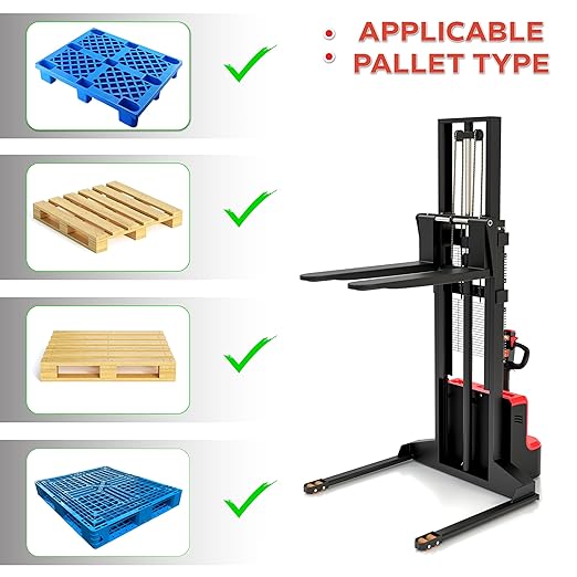 Full Electric Forklift Walkie Pallet Stacker with Fixed Straddle Legs and Adjustable Forks 5.50 Inch to 27 Inch – Material Lifter 3300lbs Capacity 13Ft/158 Inch Lifting Heights (US-ES33K-158)