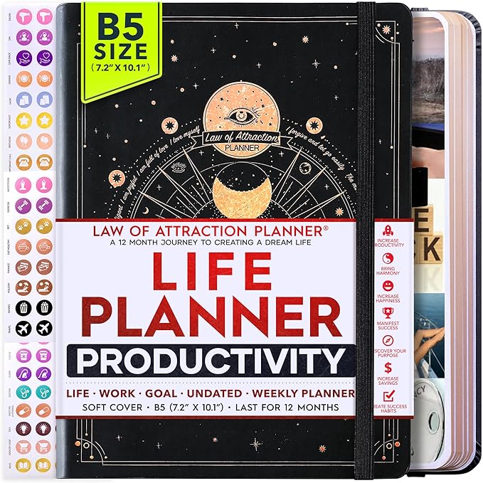 Law of Attraction Planner – Undated Hourly, Weekly & Monthly Goal Setting Planner, 12-Month to Increase Productivity | Life & Gratitude Journal, Include Foldable Vision Board, Gift Box & Stickers