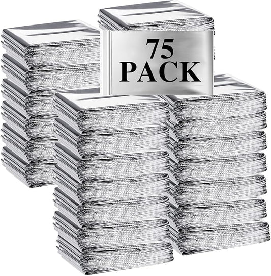 Macarrie 75 Pack Emergency Foil Thermal Blankets Silver Foil Survival Space Blanket Kit for Outdoors, Camping, Hiking, Homeless, Survival or First Aid, Silver