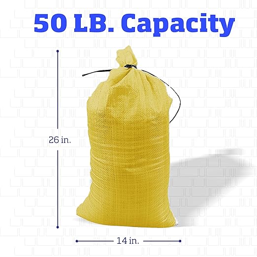 DURASACK Heavy Duty Sand Bags with Tie Strings Empty Woven Polypropylene Sand-Bags for Flood Control with 1600 Hours of UV Protection, 50 lbs Capacity, 14x26 inches, Yellow, Pack of 10