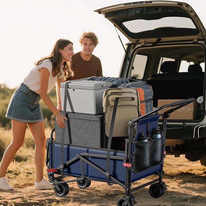 LEVELEVE 400lb Capacity 2-in-1 Folding Wagon - All-Terrain Wheels w/Brakes + Side Pockets | Heavy Duty Utility Cart for Camping, Shopping, Sports