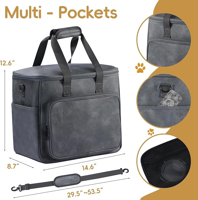 Dog Travel Bag, Leather Travel Pet Bag Set for Dog and Cat, Airline Approved Tote Organizer with Multi-Function Pockets, 2 Food Storage Containers, 2 Collapsible Bowls