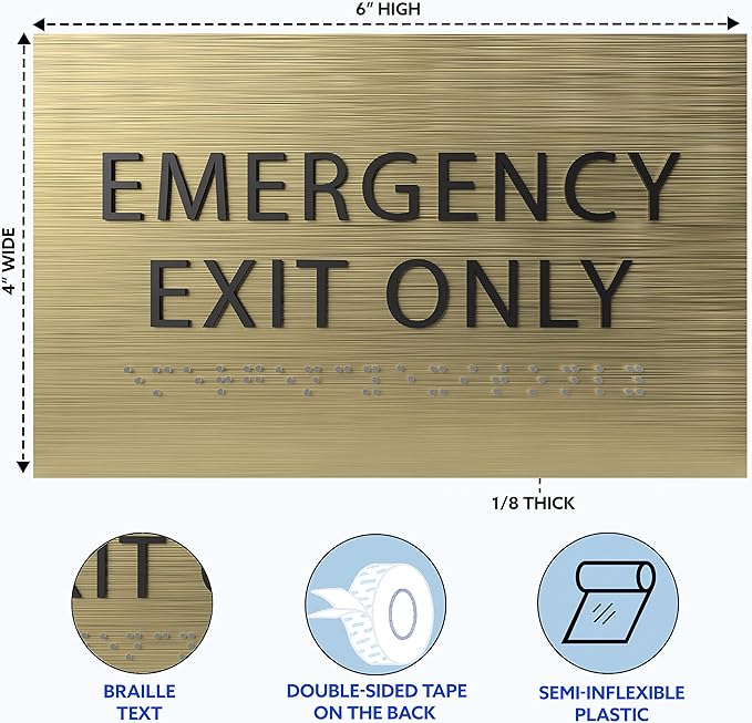 6" X4" Emergency Exit Only Sign - ADA Compliant Tactile Graphics Grade 2 Braille Text Prohibition Sign | Wall Mount Plastic Emergency Safety Restriction Sign for Business & Office