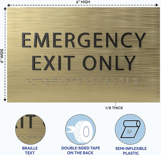 6" X4" Emergency Exit Only Sign - ADA Compliant Tactile Graphics Grade 2 Braille Text Prohibition Sign | Wall Mount Plastic Emergency Safety Restriction Sign for Business & Office