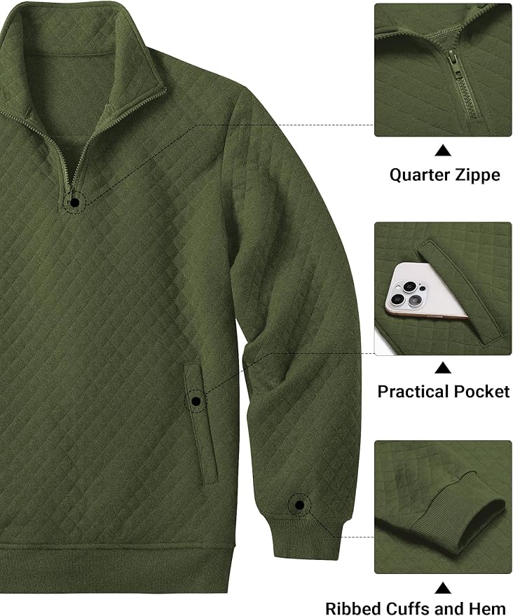 COOFANDY Mens Quarter Zip Pullover Quilted Sweatshirt Knit Long Sleeve Mock Neck Sweater Polo with Pocket