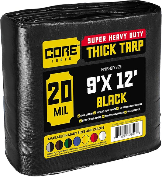 Core Tarps Extreme Heavy Duty 20 Mil Tarp Cover, Waterproof, UV Resistant, Rip and Tear Proof, Poly Tarpaulin with Reinforced Edges for Roof, Camping, Patio, Pool, Boat (Black 9′ X 12′)