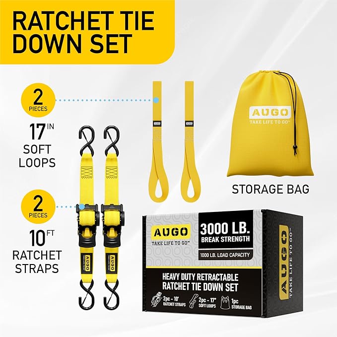 AUGO Retractable Ratchet Straps | 2 Heavy Duty Ratchet Straps Self Retractable Tie Downs with Soft Loops & Storage Bag for Motorcycle, Truck, Trailer, Cargo Van | 3000 Lb Break Strength 2” x 10’