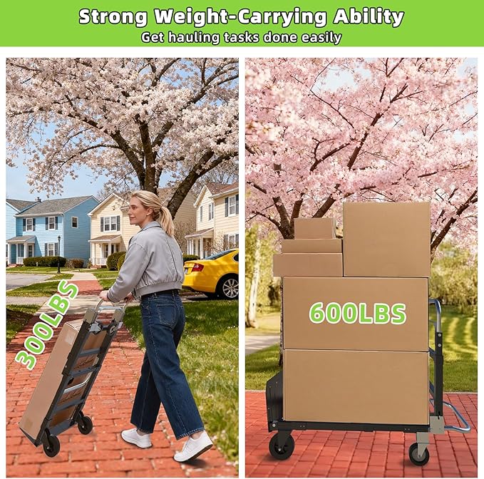 3 in 1 Folding Hand Truck, 600Lbs Capacity, Heavy Duty Collapsible Cart with Retractable Handle and 4 Rubber Wheels, Moving Dolly for Moving Home, Office, Food Service, Shopping Mall, Warehouse