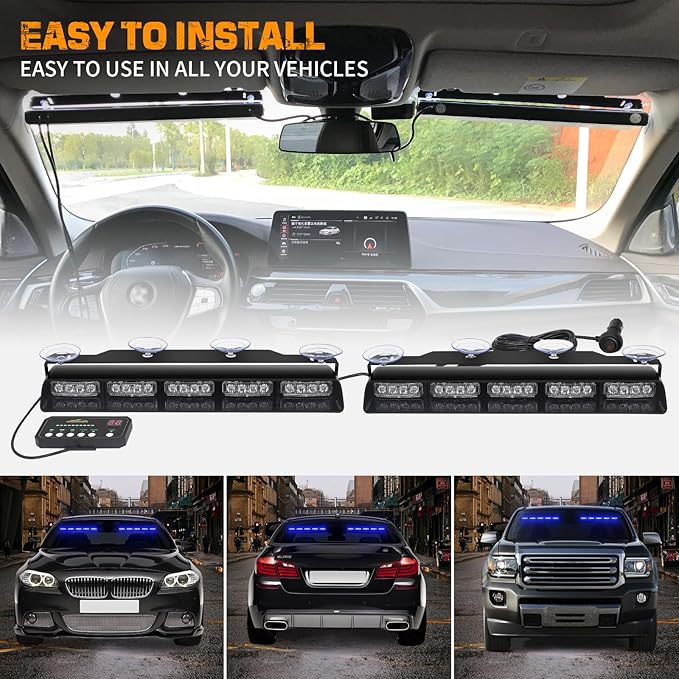 XRIDONSEN 2x 17 inch Blue Emergency Lights Bar 40 LED Dash Strobe Lights Interior Front/Rear Windshield Lights Safety Flashing Warning Hazard Light for Ambulance Firefighter Police Vehicles Trucks Car