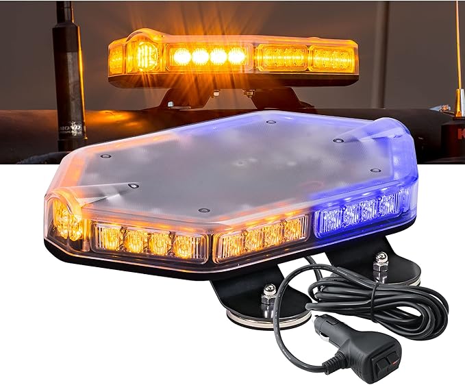 LAMPHUS NanoFlare NFMB40 12" 40W AMBER BLUE LED Strobe Mini Light Bar, SAE Class 1, 63 Flash Modes, 12ft Cord, Magnet or Permanent Mounting, Weatherproof