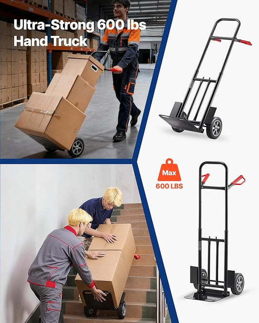 VEVOR Steel Pneumatic Hand Truck Dolly, Convertible Heavy-Duty Moving Dolly Cart with Handle, 600 LBS Portable Trolley Dolly with Tie-Down Strap for Moving Home, Office, Warehouse, Supermarket