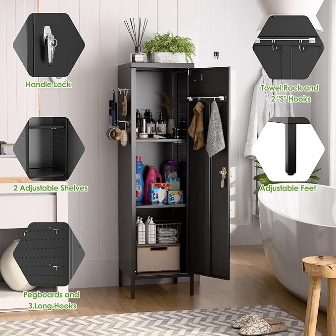 Lockable Metal Lockers with Handle,Metal Storage Locker with 2 Pegboard & 5 Hooks for Home,Office,School,Black,Required Assembly